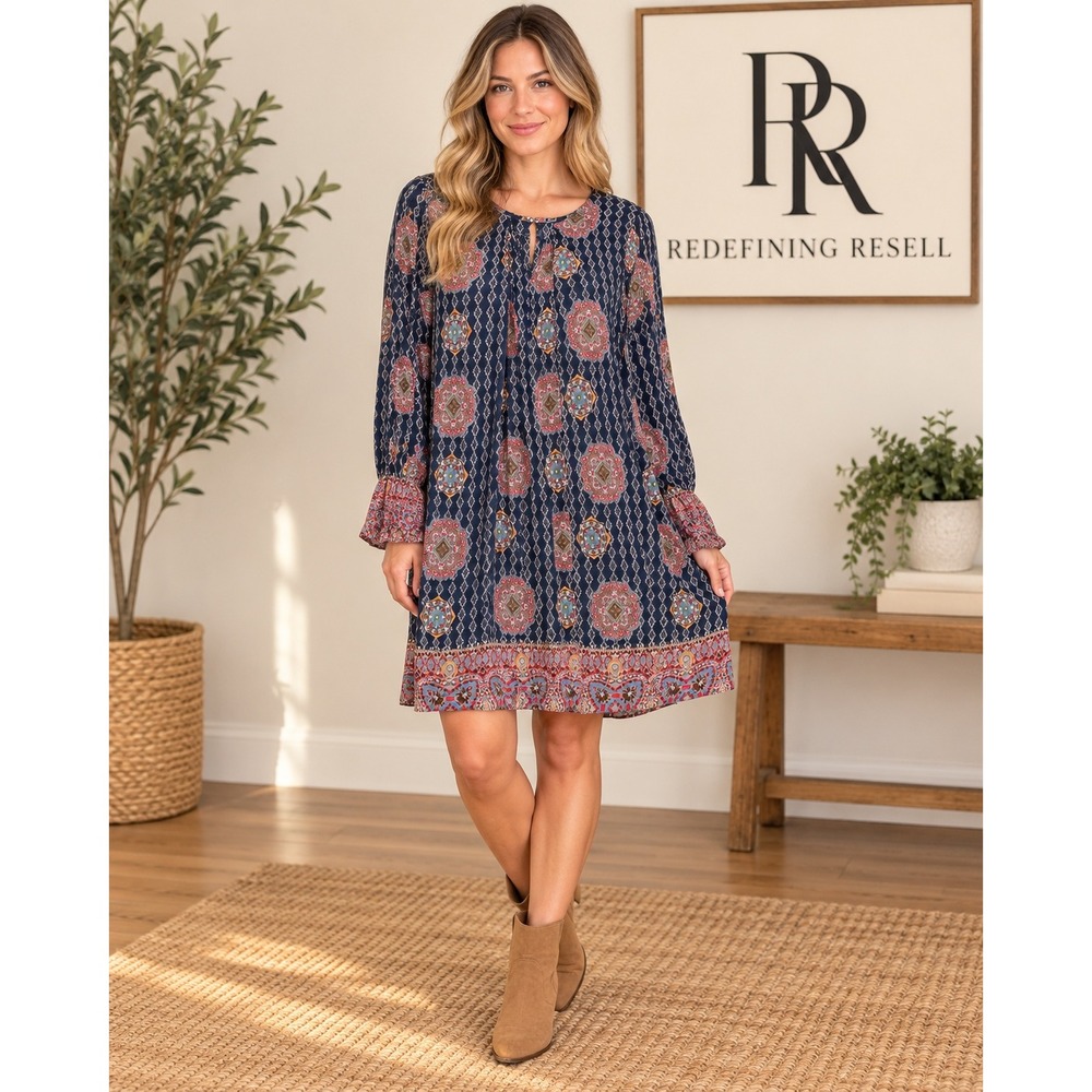 Umgee Womens Navy Blue Geometric Medallion Bell Sleeve Shift Dress A2586 M